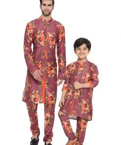 Vastramay Multicolor-Base-Wine Cotton Blend Baap Beta Kurta Pyjama Set