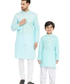 Kurta Pyjama Vastramay Aqua And White Baap Beta Kurta And Pyjama Set
