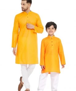 Kurta Pyjama Vastramay Orange And White Baap Beta Kurta And Pyjama Set
