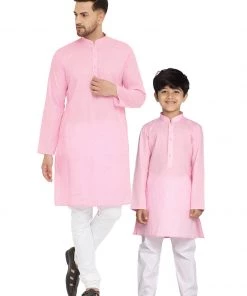 Kurta Pyjama Vastramay Pink And White Baap Beta Kurta And Pyjama Set