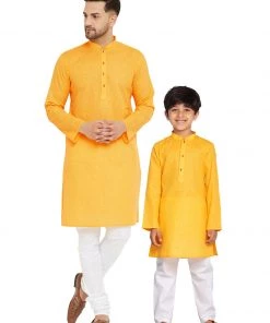 Kurta Pyjama Vastramay Yellow And White Baap Beta Kurta And Pyjama Set