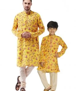 Vastramay Multicolor-Base-Mustard And Cream Baap Beta Kurta And Pyjama Set