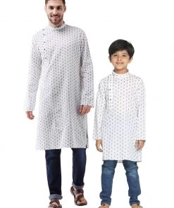 Kurta Pyjama Vastramay White And Blue Cotton Baap Beta Kurta