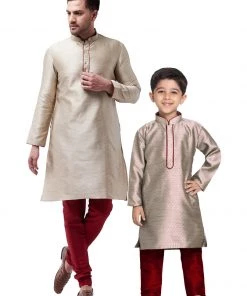 Vastramay Silk Blend Beige And Maroon Baap Beta Kurta Pyjama Set