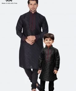 Vastramay Men And Boys Black Cotton Silk Kurta And Pyjama Set Ganesh Chaturthi