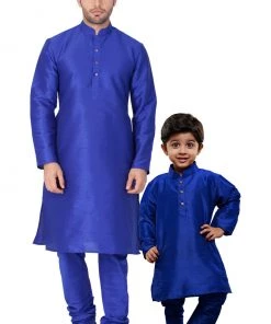 Vastramay Silk Blend Blue Baap Beta Kurta Pyjama Set