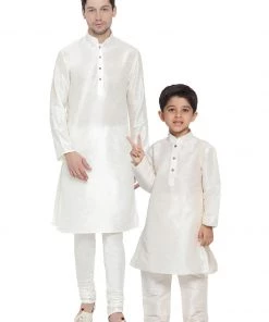 Vastramay Silk Blend Cream Baap Beta Kurta Pyjama Set