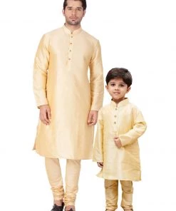 Vastramay Silk Blend Gold Baap Beta Kurta Pyjama Set