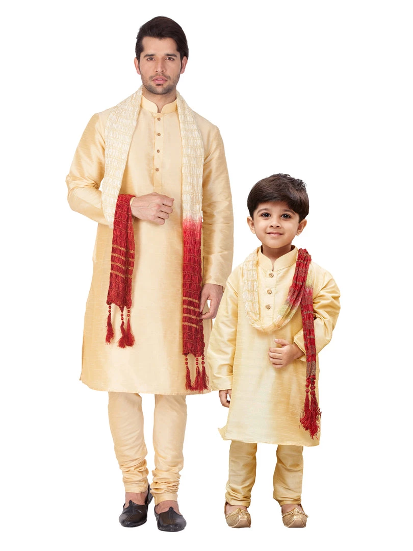 Vastramay Silk Blend Gold Baap Beta Kurta Pyjama And Dupatta Set 3 Vastramay Silk Blend Gold Baap Beta Kurta Pyjama And Dupatta Set