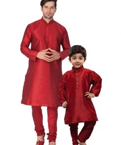 Vastramay Silk Blend Maroon Baap Beta Kurta Pyjama Set