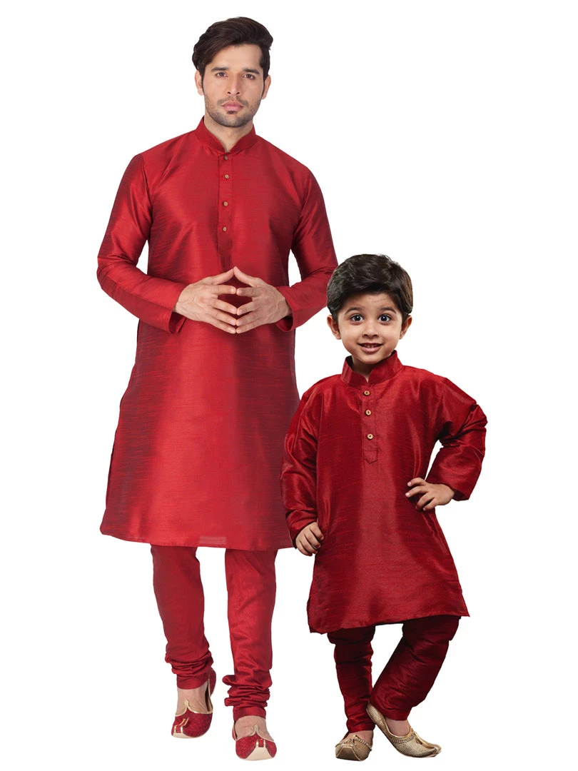 Vastramay Silk Blend Maroon Baap Beta Kurta Pyjama Set 3 Vastramay Silk Blend Maroon Baap Beta Kurta Pyjama Set