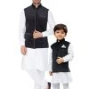 Vastramay Cotton White And Black Baap Beta Jacket Kurta Pyjama Set
