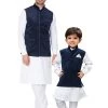 Vastramay Cotton White And Blue Baap Beta Jacket Kurta Pyjama Set
