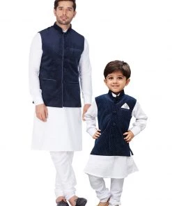 Vastramay Cotton White And Blue Baap Beta Jacket Kurta Pyjama Set