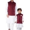 Vastramay Cotton White And Maroon Baap Beta Jacket Kurta Pyjama Set
