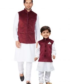 Vastramay Cotton White And Maroon Baap Beta Jacket Kurta Pyjama Set
