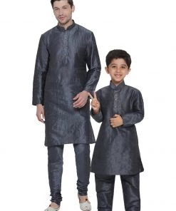 Vastramay Silk Blend Grey Baap Beta Kurta Pyjama Set