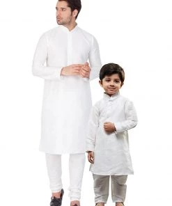 Vastramay Silk Blend White Baap Beta Kurta Pyjama Set