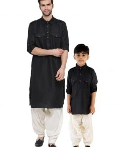 Vastramay Men & Boys Black Solid Cotton Blend Pathani Suit Set Kurta Pyjama