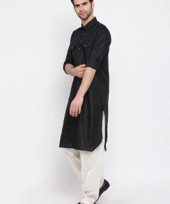 Vastramay Men & Boys Black Solid Cotton Blend Pathani Suit Set Kurta Pyjama