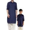 Vastramay Men & Boys Blue Solid Cotton Blend Pathani Suit Set Kurta Pyjama