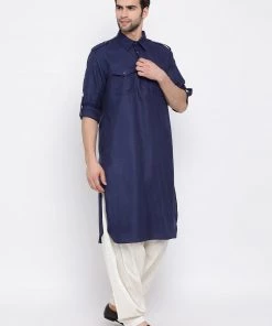 Vastramay Men & Boys Blue Solid Cotton Blend Pathani Suit Set Kurta Pyjama