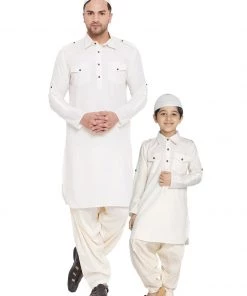 Vastramay Cream Baap Beta Pathani Kurta & Patiala Set