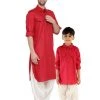 Vastramay Kurta Pyjama Men & Kids Maroon Solid Colour Blend Pathani Suit Set