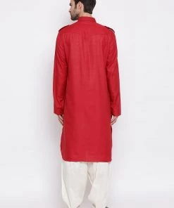 Vastramay Kurta Pyjama Men & Kids Maroon Solid Colour Blend Pathani Suit Set