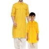 Kurta Pyjama Vastramay Men & Boys Mustard Solid Cotton Blend Pathani Suit Set