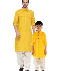 Kurta Pyjama Vastramay Men & Boys Mustard Solid Cotton Blend Pathani Suit Set