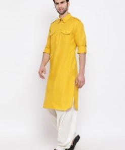 Kurta Pyjama Vastramay Men & Boys Mustard Solid Cotton Blend Pathani Suit Set