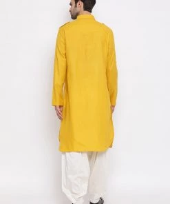 Kurta Pyjama Vastramay Men & Boys Mustard Solid Cotton Blend Pathani Suit Set