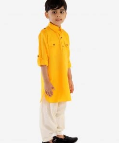 Kurta Pyjama Vastramay Men & Boys Mustard Solid Cotton Blend Pathani Suit Set