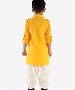 Kurta Pyjama Vastramay Men & Boys Mustard Solid Cotton Blend Pathani Suit Set