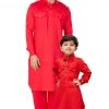 Vastramay Cotton Blend Red Baap Beta Pathani Kurta & Pyjama Set