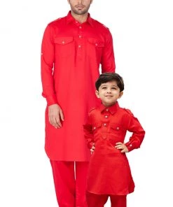 Vastramay Cotton Blend Red Baap Beta Pathani Kurta & Pyjama Set