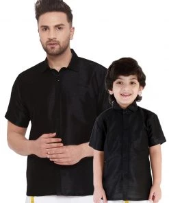 Vastramay Men's & Boys Black Solid Silk Blend Half Sleeve Ethnic Shirt
