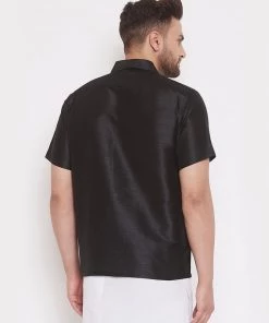 Vastramay Men's & Boys Black Solid Silk Blend Half Sleeve Ethnic Shirt