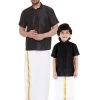 Vastramay Men's & Boys Black Solid Silk Blend Half Sleeve Ethnic Shirt And Mundu Set 2 Vastramay Men's & Boys Black Solid Silk Blend Half Sleeve Ethnic Shirt And Mundu Set
