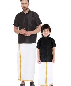 Vastramay Men's & Boys Black Solid Silk Blend Half Sleeve Ethnic Shirt And Mundu Set
