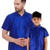 Vastramay Men's & Boys Blue Solid Silk Blend Half Sleeve Ethnic Shirt 2 Vastramay Men's & Boys Blue Solid Silk Blend Half Sleeve Ethnic Shirt