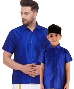 Vastramay Men's & Boys Blue Solid Silk Blend Half Sleeve Ethnic Shirt
