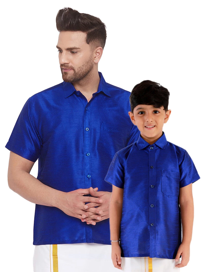 Vastramay Men's & Boys Blue Solid Silk Blend Half Sleeve Ethnic Shirt 3 Vastramay Men's & Boys Blue Solid Silk Blend Half Sleeve Ethnic Shirt