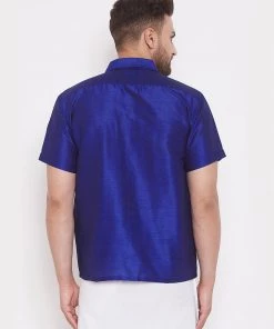 Vastramay Men's & Boys Blue Solid Silk Blend Half Sleeve Ethnic Shirt 10 Vastramay Men's & Boys Blue Solid Silk Blend Half Sleeve Ethnic Shirt