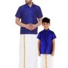 Vastramay Men's & Boys Blue Solid Silk Blend Half Sleeve Ethnic Shirt And Mundu Set 1 Vastramay Men's & Boys Blue Solid Silk Blend Half Sleeve Ethnic Shirt And Mundu Set