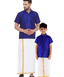 Vastramay Men's & Boys Blue Solid Silk Blend Half Sleeve Ethnic Shirt And Mundu Set