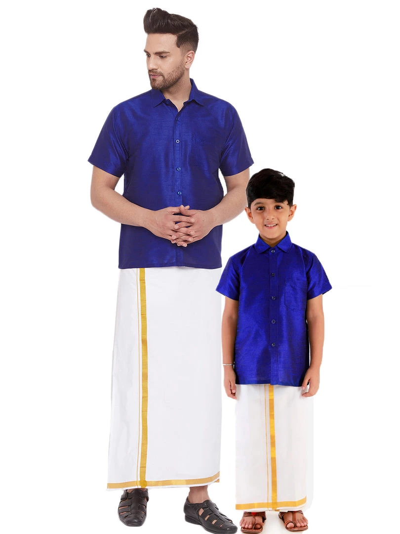 Vastramay Men's & Boys Blue Solid Silk Blend Half Sleeve Ethnic Shirt And Mundu Set 3 Vastramay Men's & Boys Blue Solid Silk Blend Half Sleeve Ethnic Shirt And Mundu Set