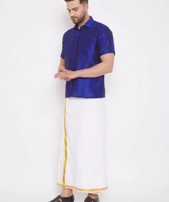 Vastramay Men's & Boys Blue Solid Silk Blend Half Sleeve Ethnic Shirt And Mundu Set