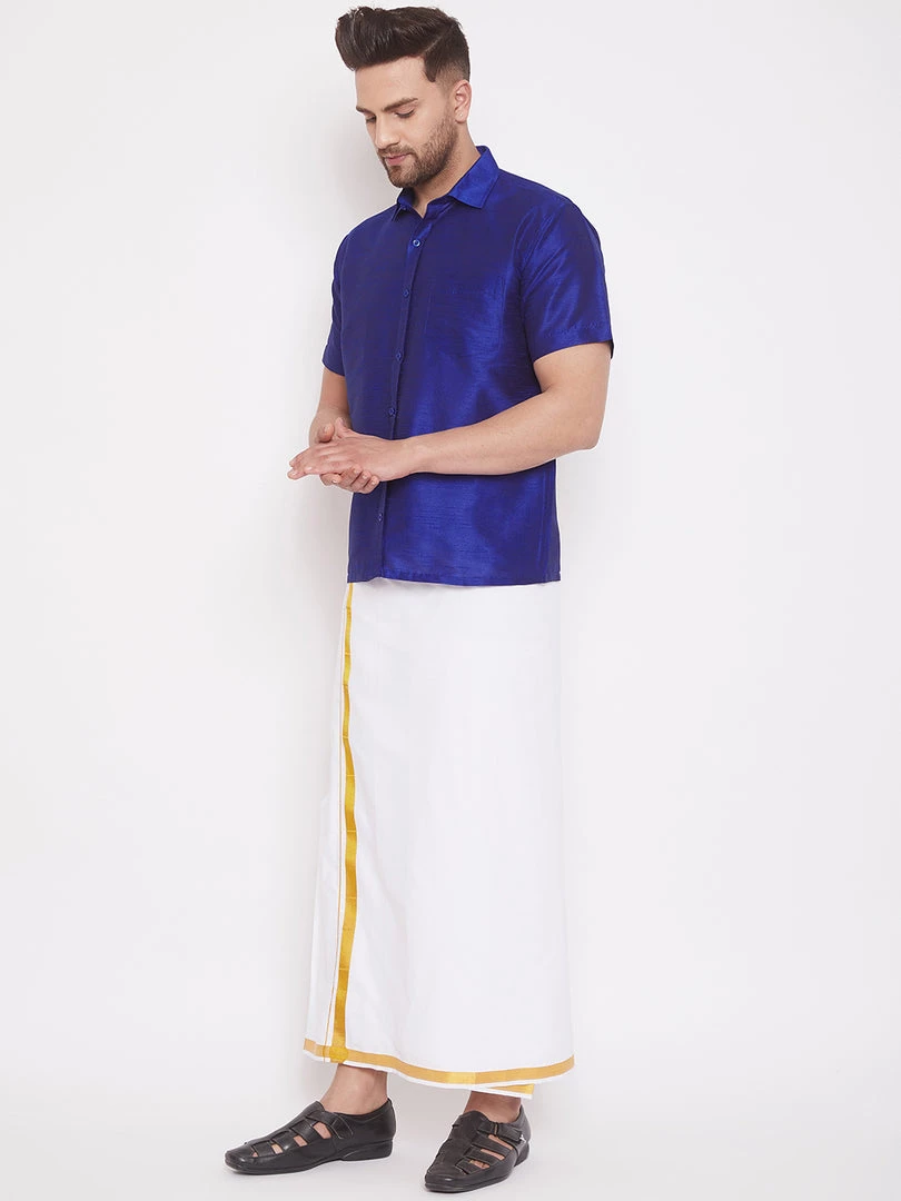 Vastramay Men's & Boys Blue Solid Silk Blend Half Sleeve Ethnic Shirt And Mundu Set 4 Vastramay Men's & Boys Blue Solid Silk Blend Half Sleeve Ethnic Shirt And Mundu Set